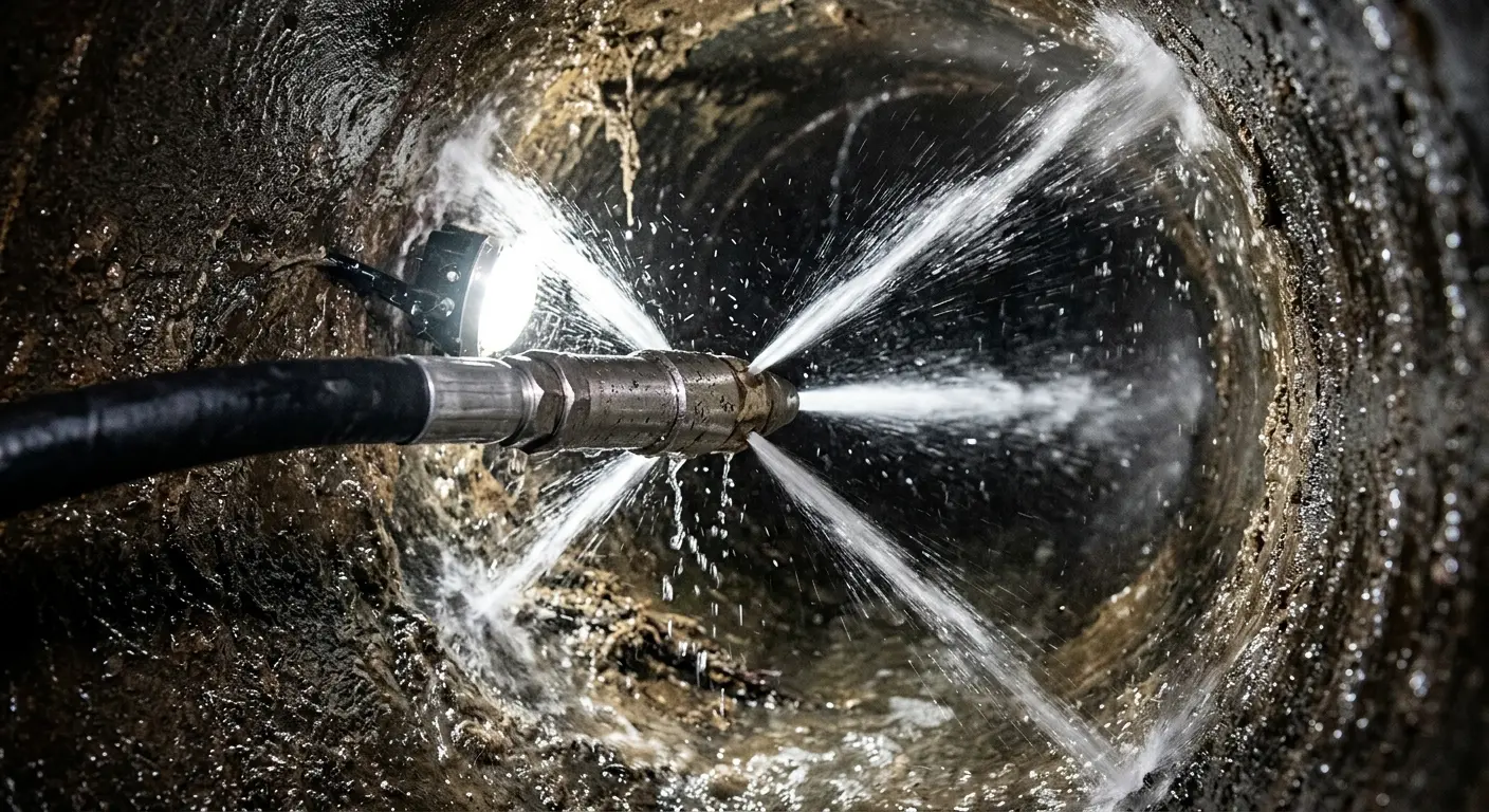 High-pressure hydro jetting nozzle cleaning sewer pipe for Storm Drain Cleaning in River Edge