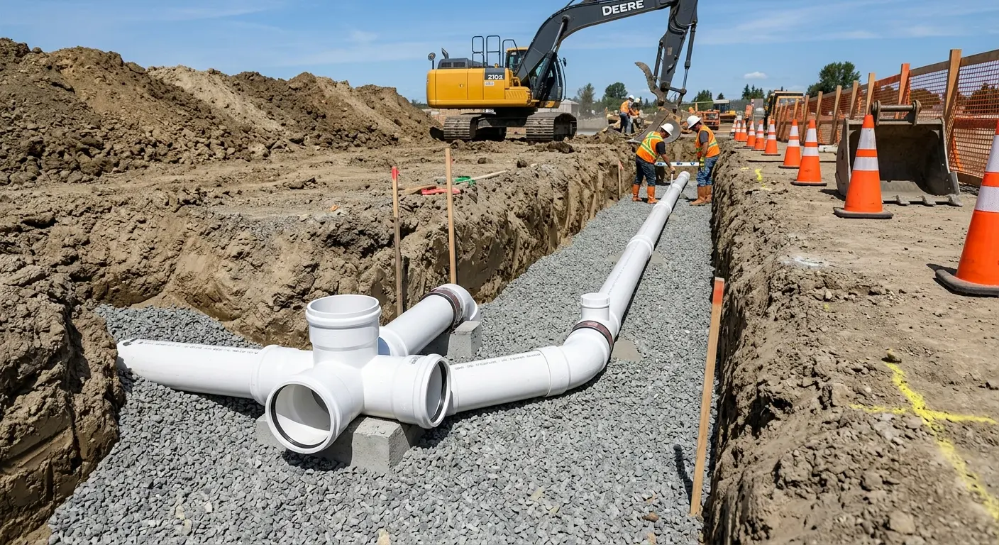 New PVC sewer pipe installation in open trench for Commercial Drain Cleaning in River Edge